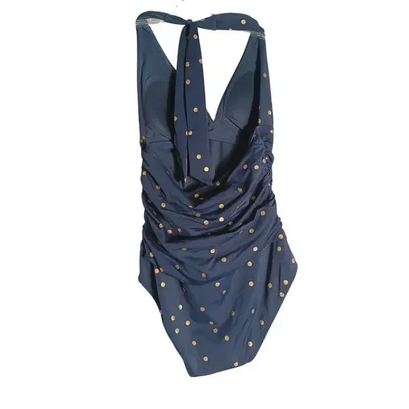 Boden navy blue and gold polka dot halterneck one-piece swimsuit. US 8 - Picture 3 of 4